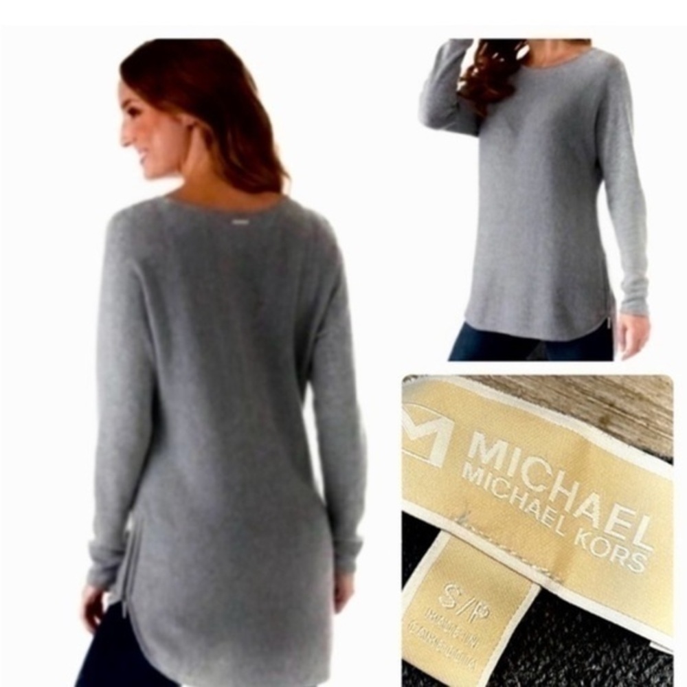 Michael Kors Women's Gray High Low Crew Neck Sweater With Side Zippers